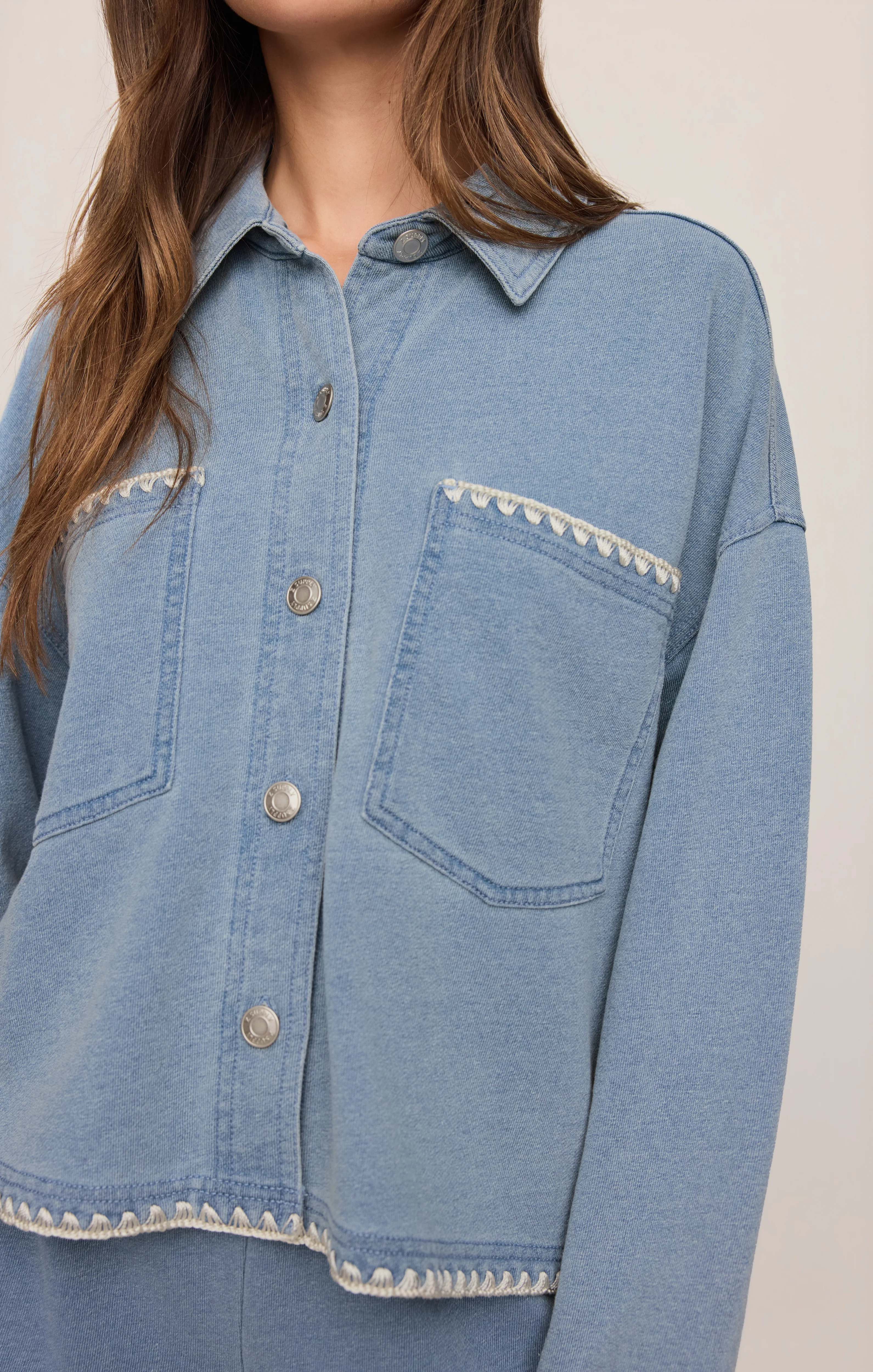 All Day Knit Denim Crop Whipstitch Jacket - Image 14