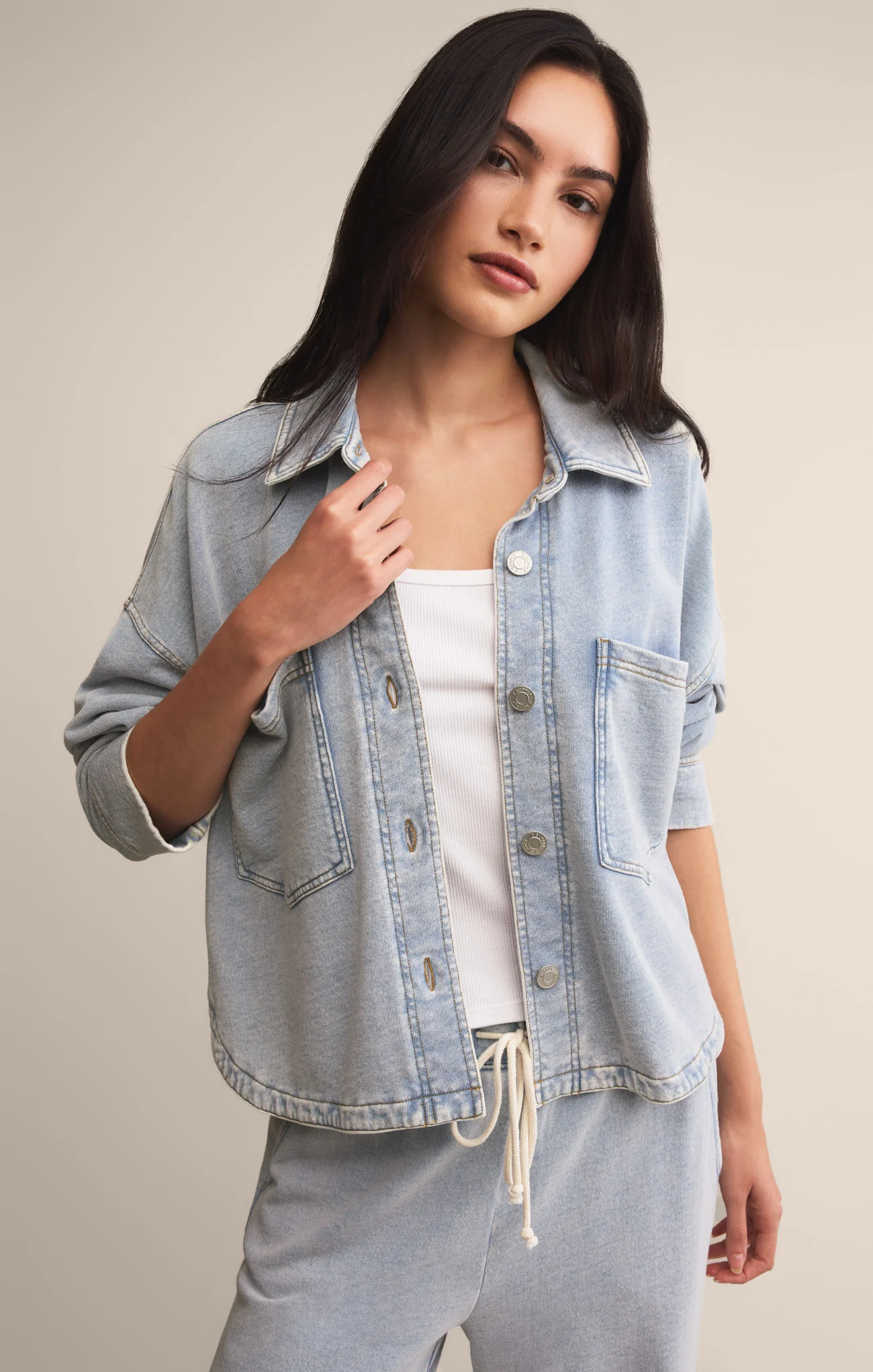 All Day Cropped Knit Denim Jacket - Image 11
