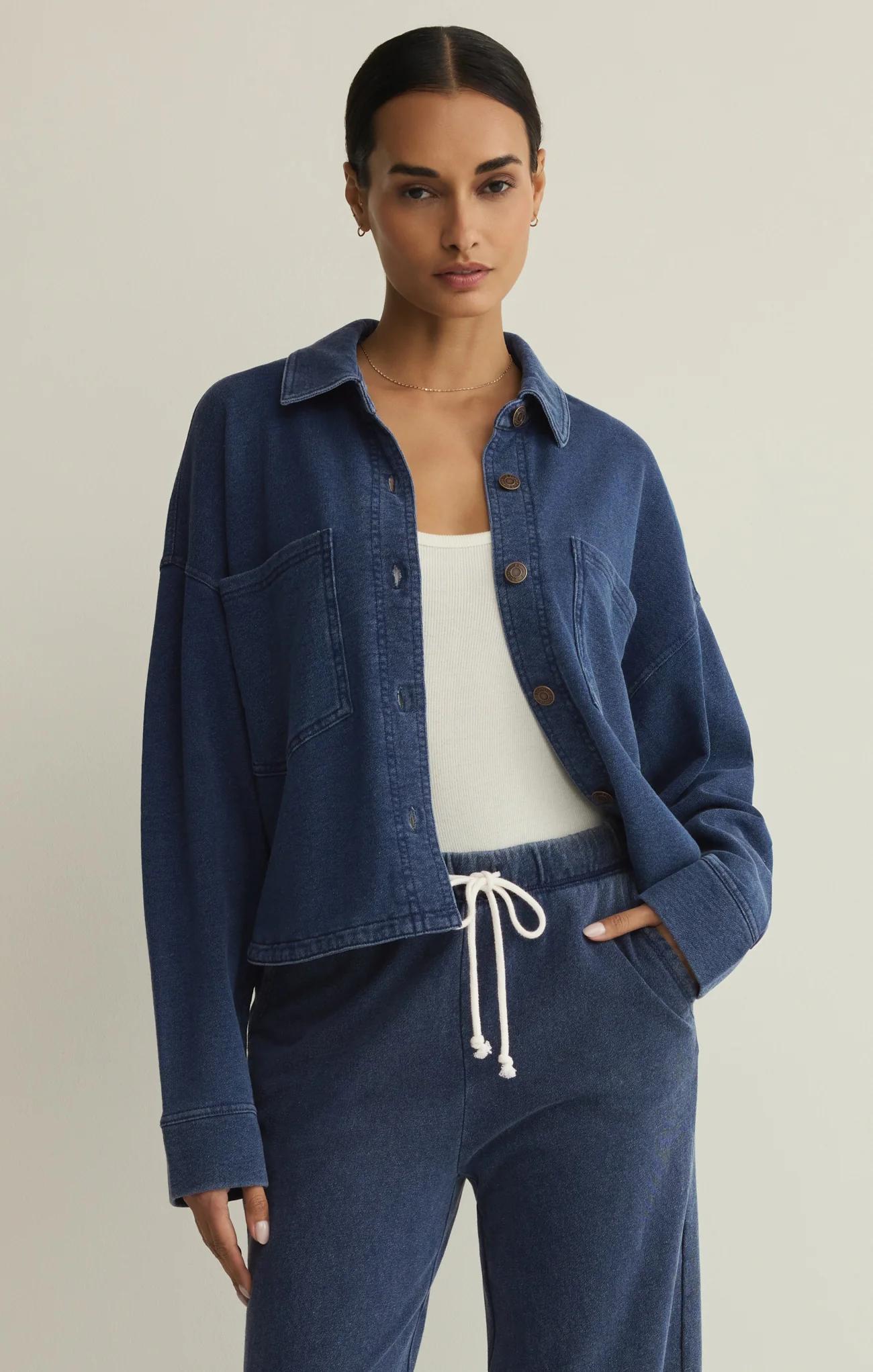 All Day Cropped Knit Denim Jacket - Image 13