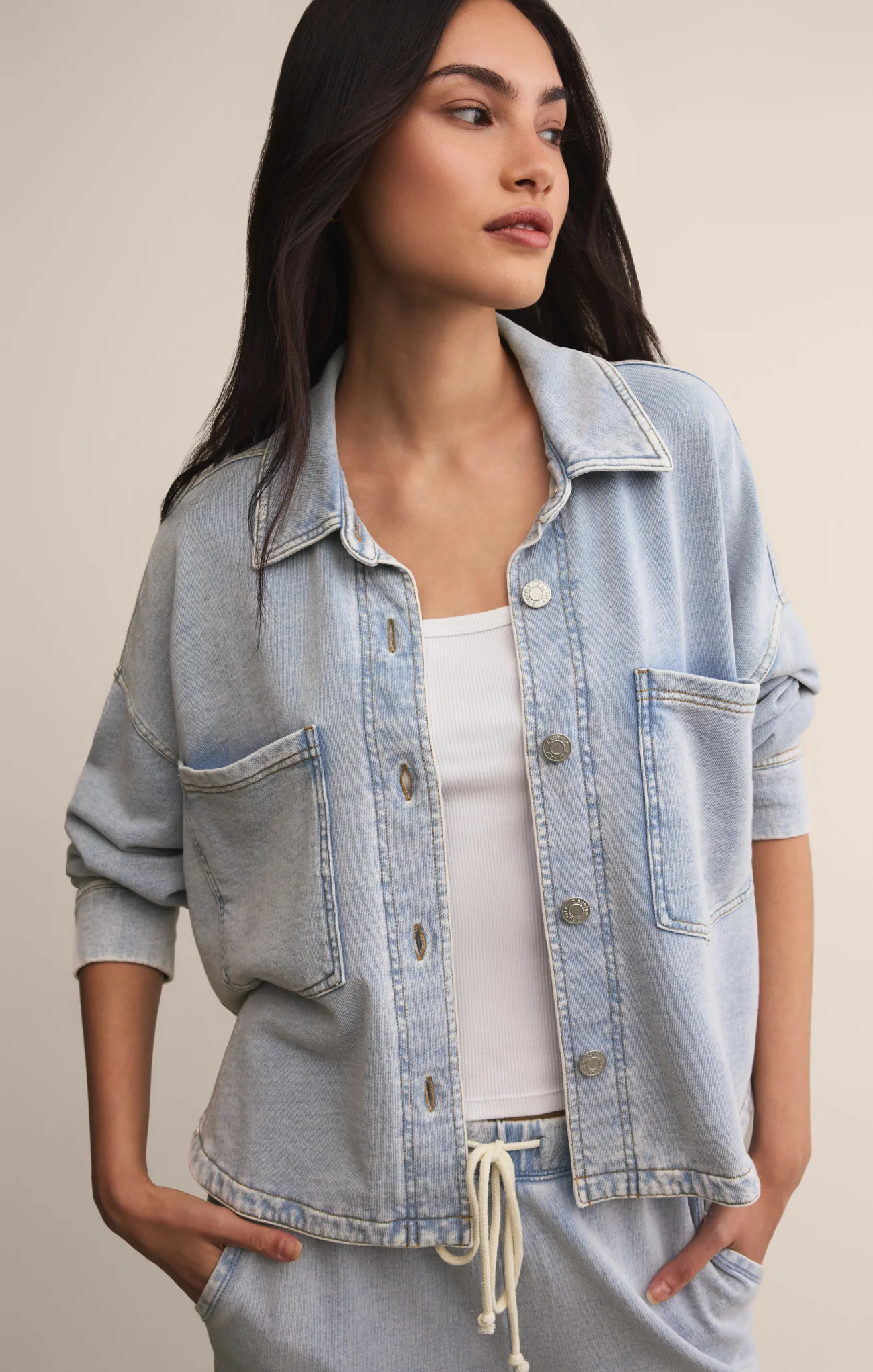 All Day Cropped Knit Denim Jacket - Image 27