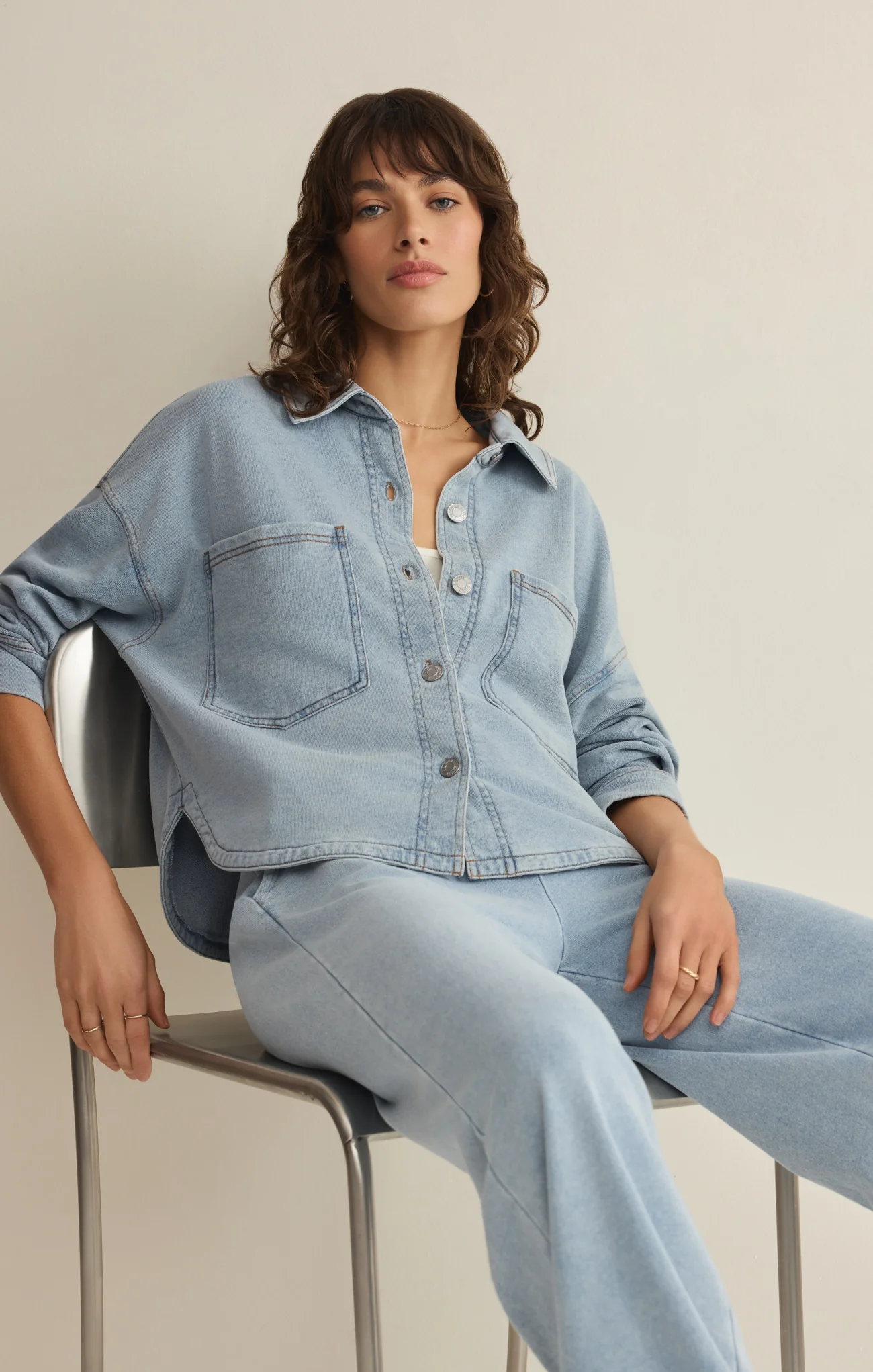 All Day Cropped Knit Denim Jacket - Image 7