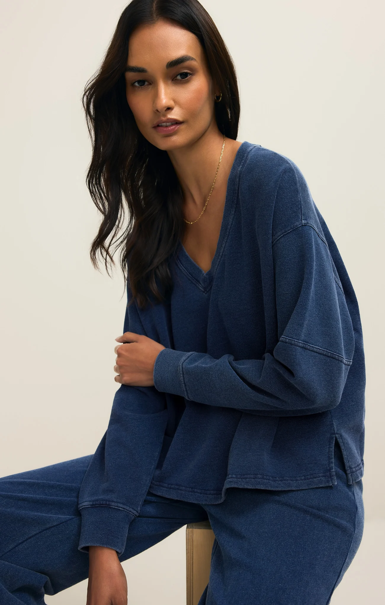 Delphine Knit Denim V-Neck Sweatshirt - Image 8