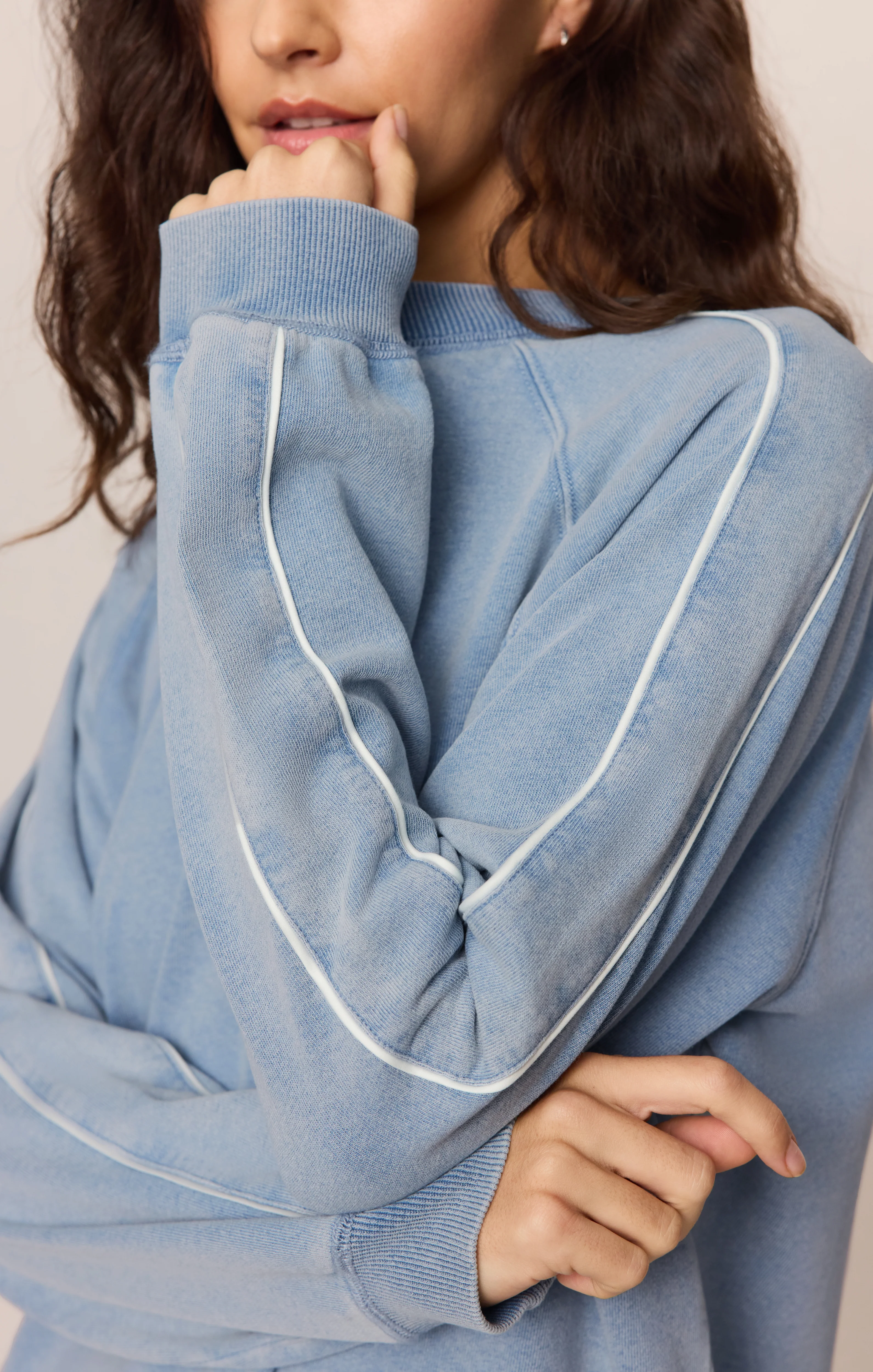 Sport Stripe Boyfriend Knit Denim Sweatshirt - Image 6